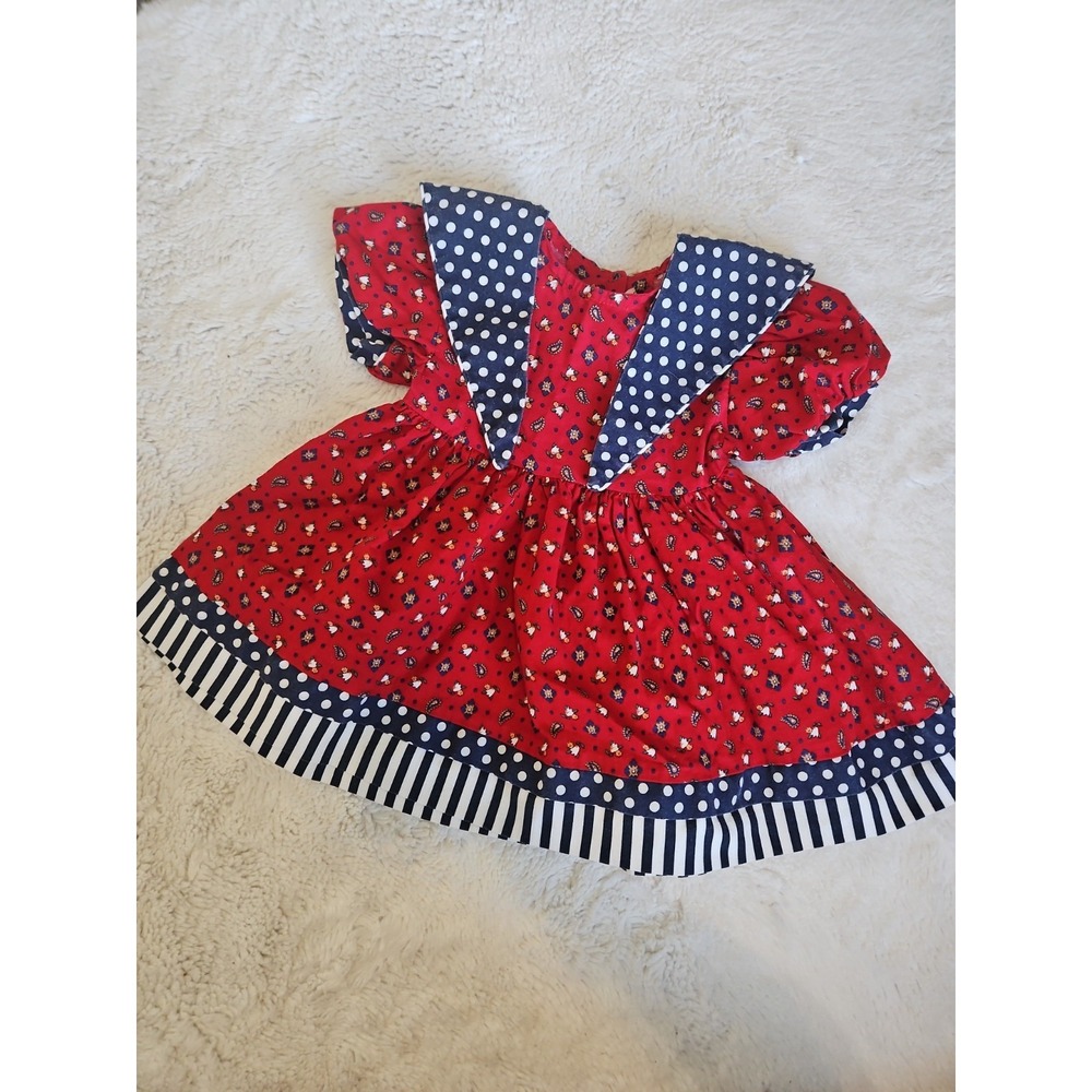 Vintage Little Star Girls Red Paisley Polka Dot Sailor Collar Dress 2T USA Made